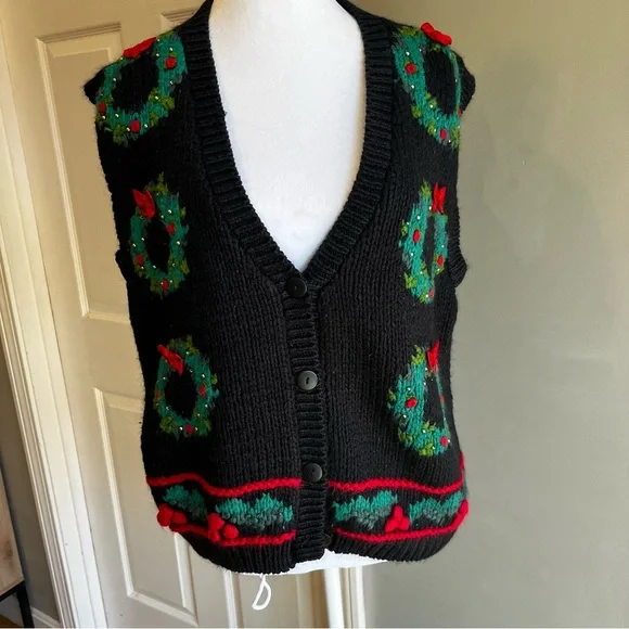 Vintage Christmas Sweater Vest Knit Holiday Wreaths Ugly Xmas Party Women’s L - Picture 1 of 10